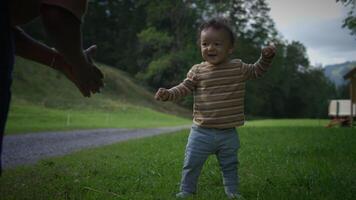 A toddler joyfully exploring the wonders of nature in a vibrant green field of grass video