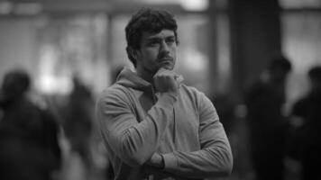 A contemplative individual dressed in casual yet stylish attire, absorbed in thought and reflection video