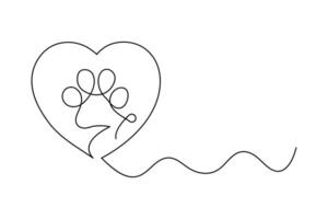 Continuous single line drawing of cat or dog paw footprints doodle style vector