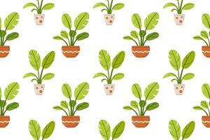 A seamless pattern featuring leafy green plants in pots. Suitable for textile prints, wallpapers, and decor. vector