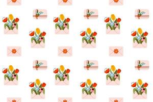Pattern of floral envelopes with tulips and love letters. Ideal for wedding invitations, wrapping, and stationery design vector
