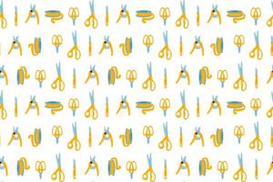 Seamless pattern featuring yellow florist tools such as scissors, knives, and pliers. Ideal for florists and DIY flower arrangements vector