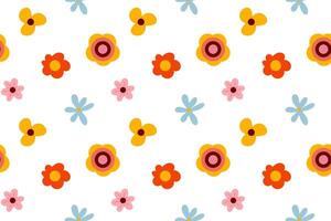 Seamless pattern with mix of various flowers, including blue, red, yellow, and pink blossoms with green leaves. vector