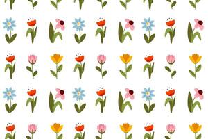 Seamless pattern with various flowers, including blue, red, yellow, and pink blossoms with green leaves. The lively and cheerful design is ideal for fabric prints vector