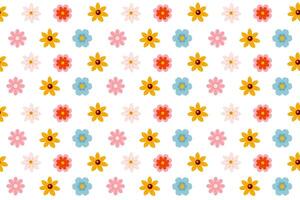 Seamless pattern with a mix of various flowers, including blue, red, yellow, and pink blossoms with green leaves. The lively and cheerful design is ideal for fabric prints vector