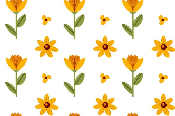 Seamless pattern with yellow flowers on white background. Flat illustration.