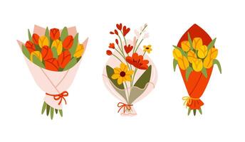 Set of three beautiful bouquets featuring tulips, roses, and other flowers.Bouquet of spring flowers. Illustration in flat style. vector