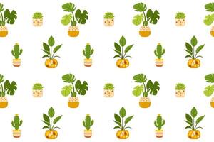 A seamless botanical pattern featuring various potted houseplants. Ideal for design projects and fabric prints vector