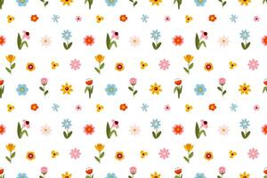 Seamless pattern with a mix of various flowers, including blue, red, yellow, and pink blossoms with green leaves. The lively and cheerful design is ideal for fabric prints, wrapping paper vector