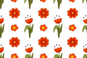 Seamless pattern with red flowers on white background. Flat illustration. vector