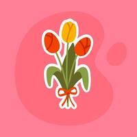 A bright and elegant sticker featuring a bouquet of red and yellow tulips tied with a ribbon. Perfect for digital stickers, greeting cards, and floral-themed designs vector
