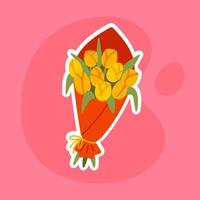 Sticker illustration of a bouquet of yellow tulips wrapped in decorative paper. Ideal for digital stickers, love messages, and floral greeting cards. vector