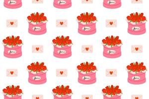 Seamless pattern featuring pink gift boxes filled with red tulips and love letters. A perfect romantic design for wrapping paper or backgrounds. vector
