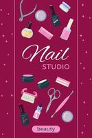 Beautiful flyer, banner set of nails care elements. Frame with manicure tools kit. template design. Social media post, concept for nail studio, salon background. Flat illustration. vector