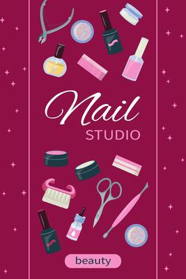 Beautiful flyer, banner set of nails care elements. Frame with manicure tools kit. template design. Social media post, concept for nail studio, salon background. Flat illustration.
