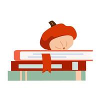 cute autumn illustration of books and pumpkin in the shape of a mushroom in flat style vector