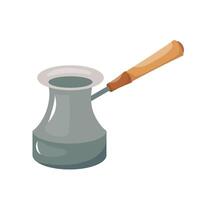 Design element of cezve with long handle isolated on white. Arabic aroma beverage preparation concept. Flat illustration of turkish brewing coffee pot for website, banner or merchandise product vector
