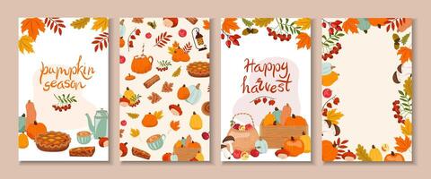 Fall season templates. Thanksgiving and Harvest Day card. Cute and cozy autumn drawn design elements. Set of illustration isolated on white background vector