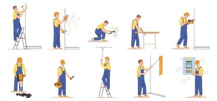 Home craftsmen and repairmen. Professional construction workers with tools set. Male characters in uniform overalls and helmets in different Poses. cartoon flat illustration vector