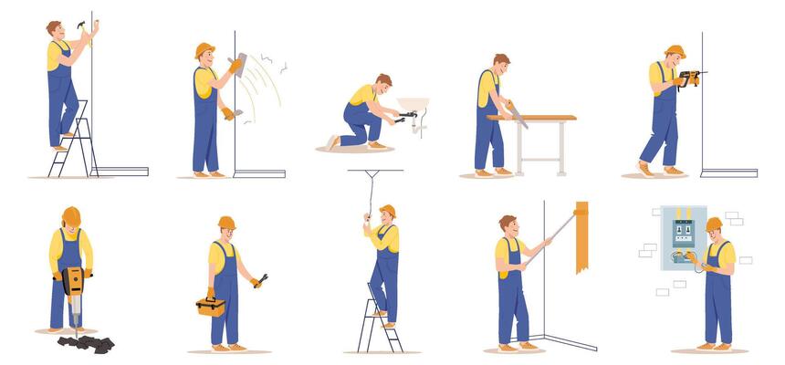 Home craftsmen and repairmen. Professional construction workers with tools set. Male characters in uniform overalls and helmets in different Poses. cartoon flat illustration