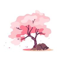 Spring pink blooming cherry tree. Design element of iconic Japanese sakura wood in full bloom. Flat illustration for Hanami festival isolated on white background vector