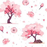 Floral delicate seamless texture with spring iconic Japanese cherry blossom tree. Pink color blooming sakura in full bloom illustration repeatable background, textile, wallpaper, wrapping paper, print vector