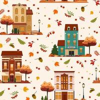 Autumn seamless pattern with trees, houses and leaves foliage Fall city landscape Repeated texture can be printed and used as wrapping paper, wallpaper, textile, fabric Cozy seasonal background vector
