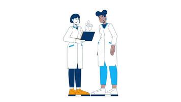 Female STEM scientists collaborating on research cartoon animation. 4K motion graphic. Two diverse women lab coats discussing data on laptop animated 2D characters isolated on white background video