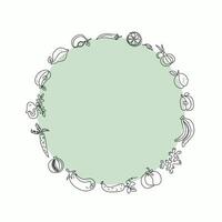 Round frame, border with a set of vegetables, fruits. World Food Day. Line drawing. Food vegetarian organic. Outline drawings. Isolated background. vector