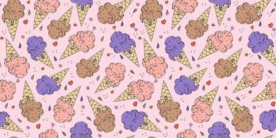 Doodle ice cream, drawing pattern. Food, dessert. Multicolored ice cream in a waffle cone. Hand drawn linear icon. Seamless repeating background. vector