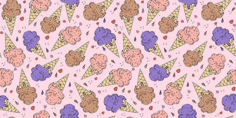 Doodle ice cream, drawing pattern. Food, dessert. Multicolored ice cream in a waffle cone. Hand drawn linear icon. Seamless repeating background.