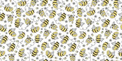 Bees, honey jar, flowers. Seamless pattern. Drawing, Doodle. Bees cute cartoon, insects fly with honey. Repeating background. vector
