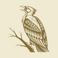 A linear illustration of a bird of prey sitting on a branch. Flat style vector