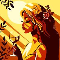 Woman at golden hour with deep, bold and interesting shadows with sun rays touching her. Girl with spring vibes drinking wine. vector