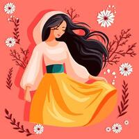 Flat art of a romanian woman wearing a ie and a plain yellow skirt. Moldavian girl surrounded by flowers and spring vibes vector