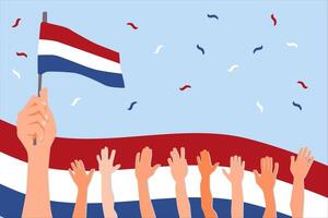 Liberation Day Background. background with hands holding the Netherlands flag, several hands being raised, and the Netherlands flag behind it. light blue background vector