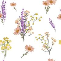Seamless floral pattern with wildflowers on white background. Wild flowers and herbs background for printing, fabrics, paper. Soft colors create a vintage elegant botanical design. illustration vector