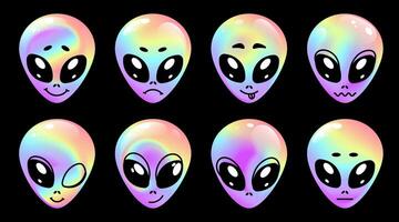 Cute holographic alien faces with different emotions set on a black background.Holographic alien heads for stickers, icons, print, emblem,digital art, social media graphics, sci fi. illustration vector