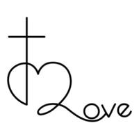Minimalist line art drawing with cross integrated with a heart and the word Love in elegant script. A symbolic representation of Christian faith, love, and devotion.Emlem, logo, tattoo, print. vector