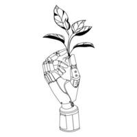 Robotic hand holding a growing plant connection between technology and nature.Synergy of technology and nature line Logo Emblem design. Contact between artificial intelligence and organic life. vector
