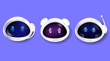 Set of futuristic robotic avatars featuring glossy black faces, glowing eyes, and white space helmets. Ideal for AI assistants, chatbots, technology icons, and sci fi designs. illustration vector
