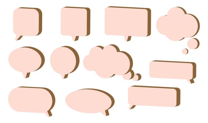 Set of blank 3D speech and thought bubbles in various shapes with an isometric effect for comics, graphic design, stickers, posters, presentations, social media, messaging apps. illustration