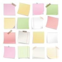 Collection of colorful sticky notes, lined and grid paper sheets attached with tape and pins.Realistic memo paper for planners, reminders,to do lists,presentations,design templates. illustration vector