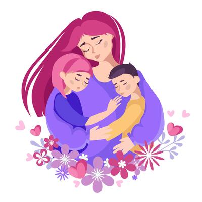 Loving mother embracing her two children, symbolizing warmth, care, and maternal love. illustration for Mother's Day designs, greeting cards, family-related projects, and parenting