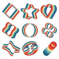 Set of abstract geometric shapes with a retro rainbow color scheme.3D dynamic and modern visual effect for backgrounds, graphic design projects, posters, branding, and digital art compositions. vector