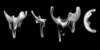 Abstract Chrome metallic liquid shapes drips with a glossy silver texture on a black background for futuristic designs, digital art, sci fi concepts, graphic design elements. illustration set vector