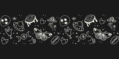 Doodle psychedelic elements seamless pattern border on a dark background for print, wallpapers, textiles, packaging, stationery,posters,digital backgrounds,apparel, and merchandise. illustration vector