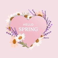 Spring themed illustration with pink heart with the text Hello Spring, surrounded by daisies, lavender, and pastel wildflowers. A romantic and elegant seasonal design. illustration vector
