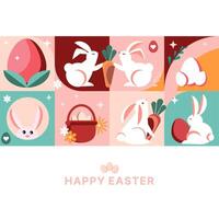 Modern Easter illustration with rabbits, eggs,festive elements in a geometric style pattern for greeting cards, invitations, posters, packaging, social media, prints, textiles. illustration vector