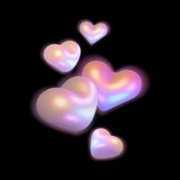 Glowing iridescent 3D hearts with a pearlescent effect. Shiny hearts illustration light. futuristic design perfect for Valentine's Day, posters, digital art, and backgrounds. illustration vector
